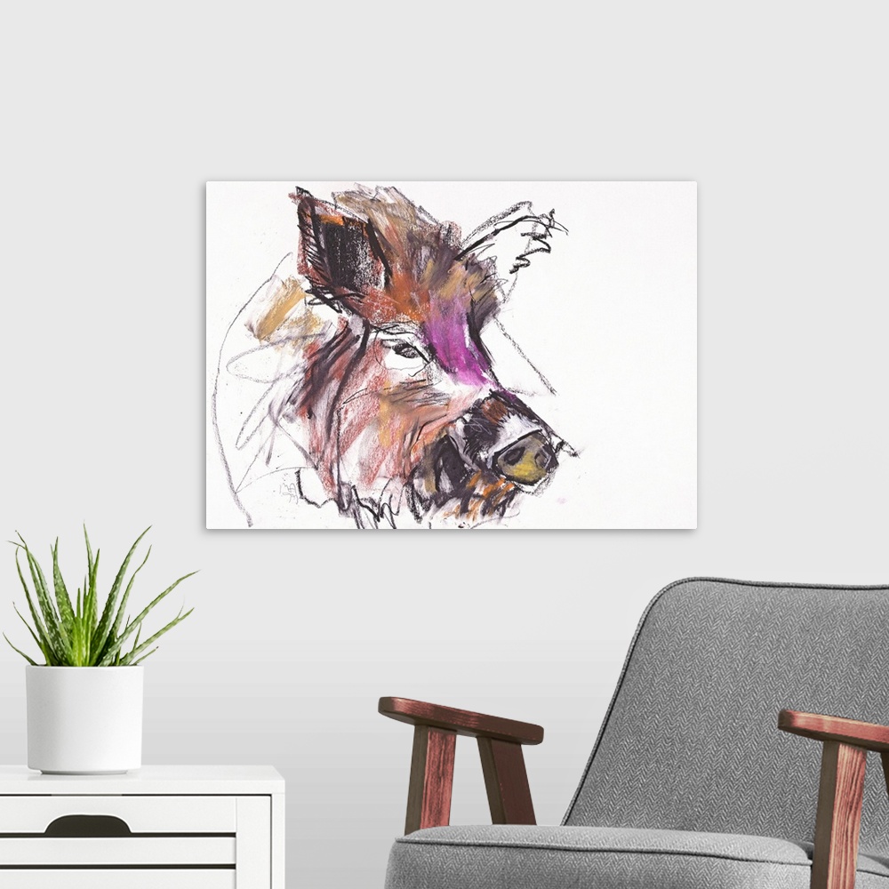 A modern room featuring Contemporary wildlife painting of a wild boar.