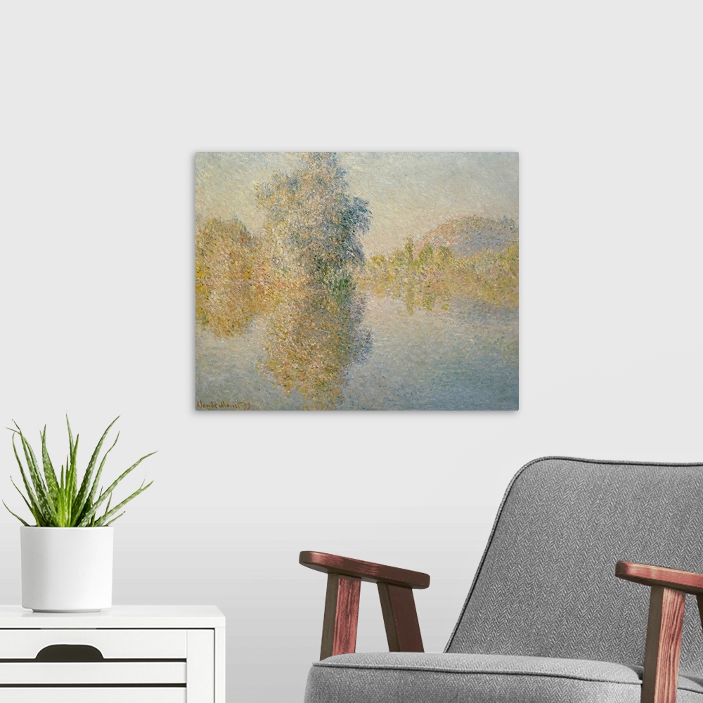 A modern room featuring A classic painting of large and smaller trees that reflect into the body of water just below it.