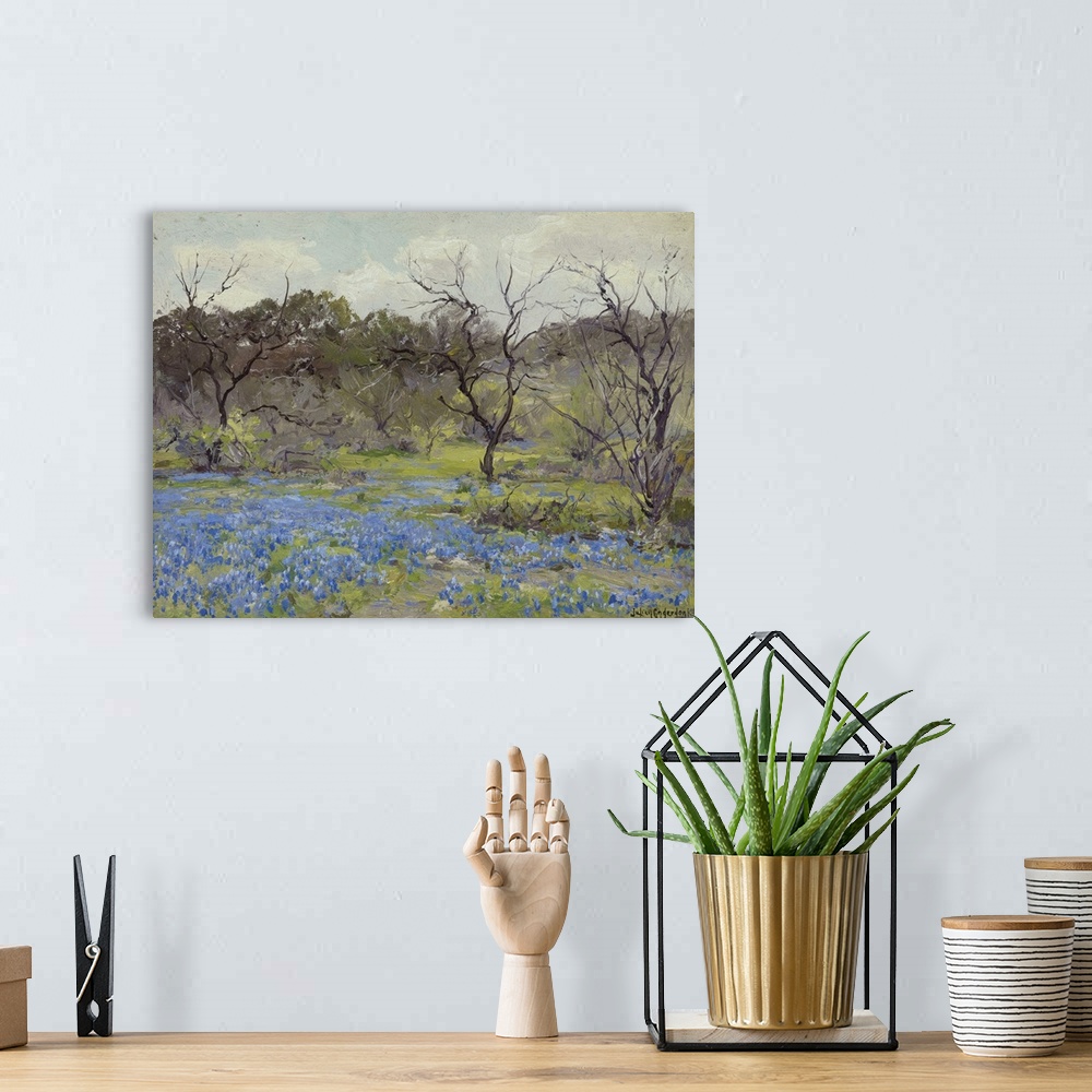A bohemian room featuring Early Spring Bluebonnets And Mesquite, 1919 (Oil On Wood)