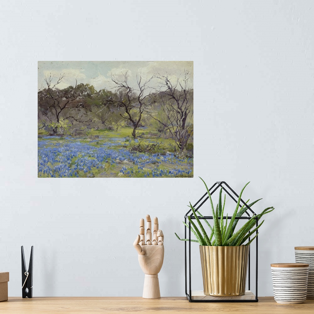 A bohemian room featuring Early Spring Bluebonnets And Mesquite, 1919 (Oil On Wood)