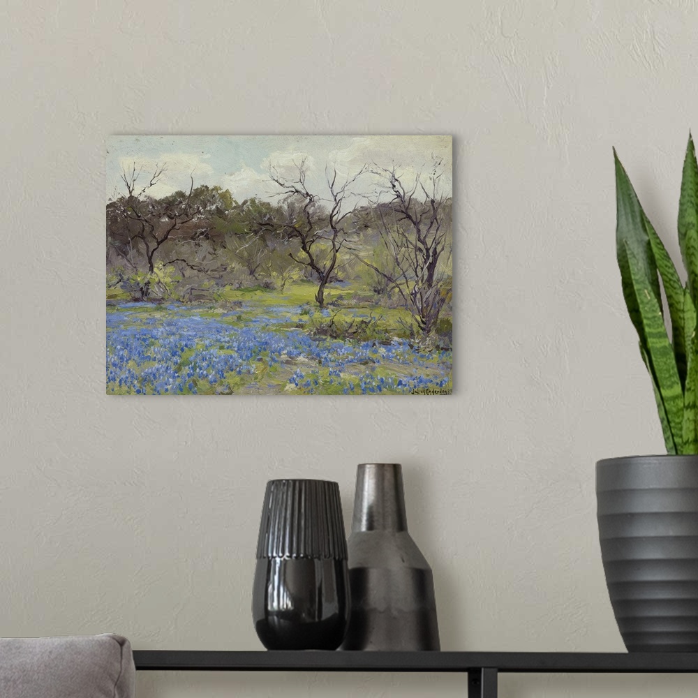 A modern room featuring Early Spring Bluebonnets And Mesquite, 1919 (Oil On Wood)