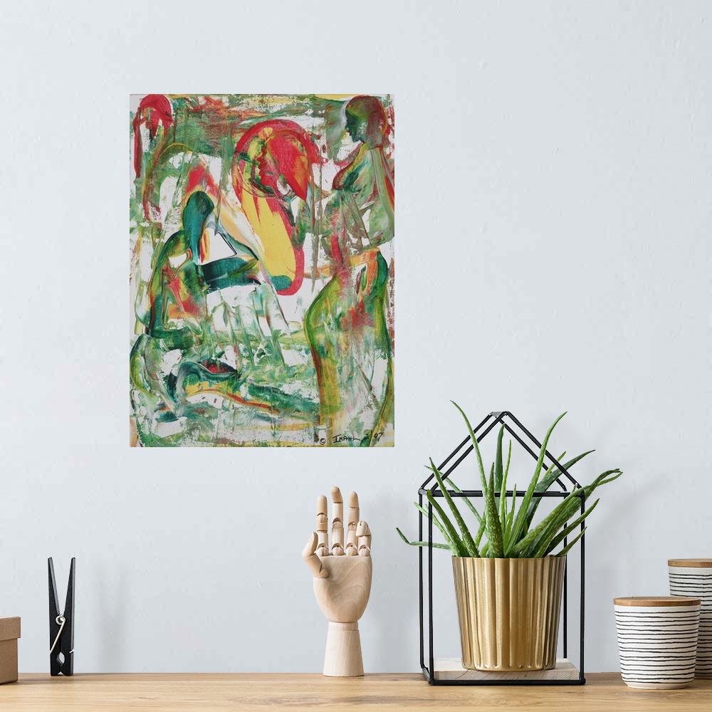 A bohemian room featuring Abstract painting on canvas of two people made up of long loose brush strokes.