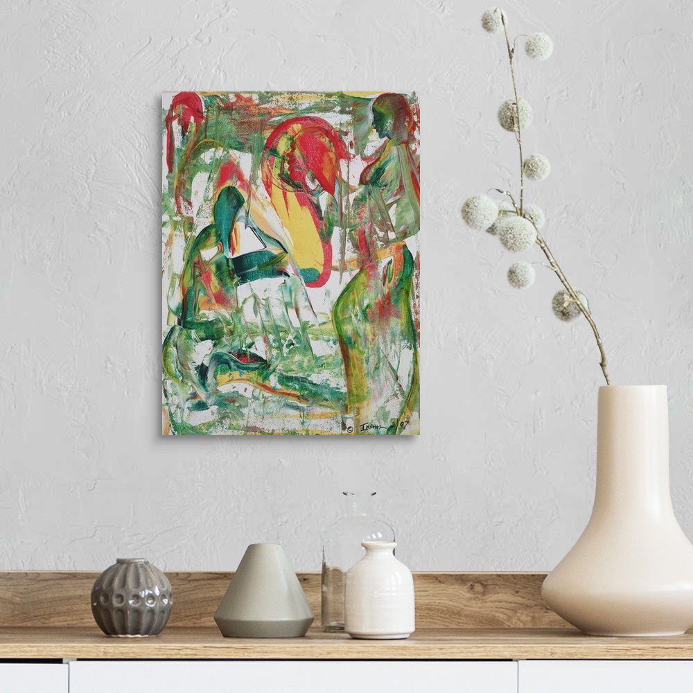 A farmhouse room featuring Abstract painting on canvas of two people made up of long loose brush strokes.
