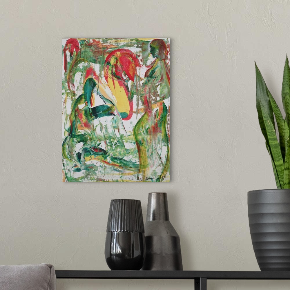 A modern room featuring Abstract painting on canvas of two people made up of long loose brush strokes.