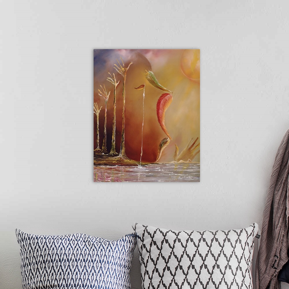 A bohemian room featuring Contemporary oil painting of water in the shape of four hands reaching upward.  Leaves falling do...