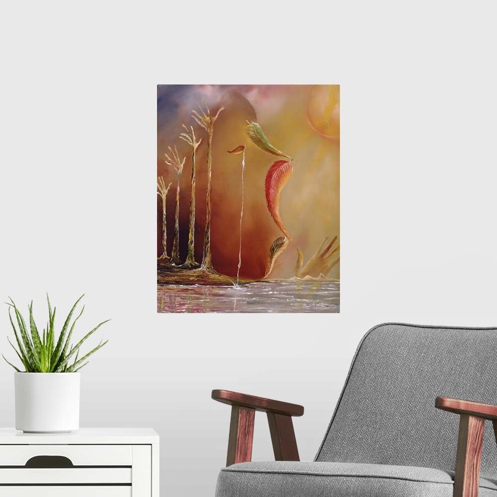 A modern room featuring Contemporary oil painting of water in the shape of four hands reaching upward.  Leaves falling do...