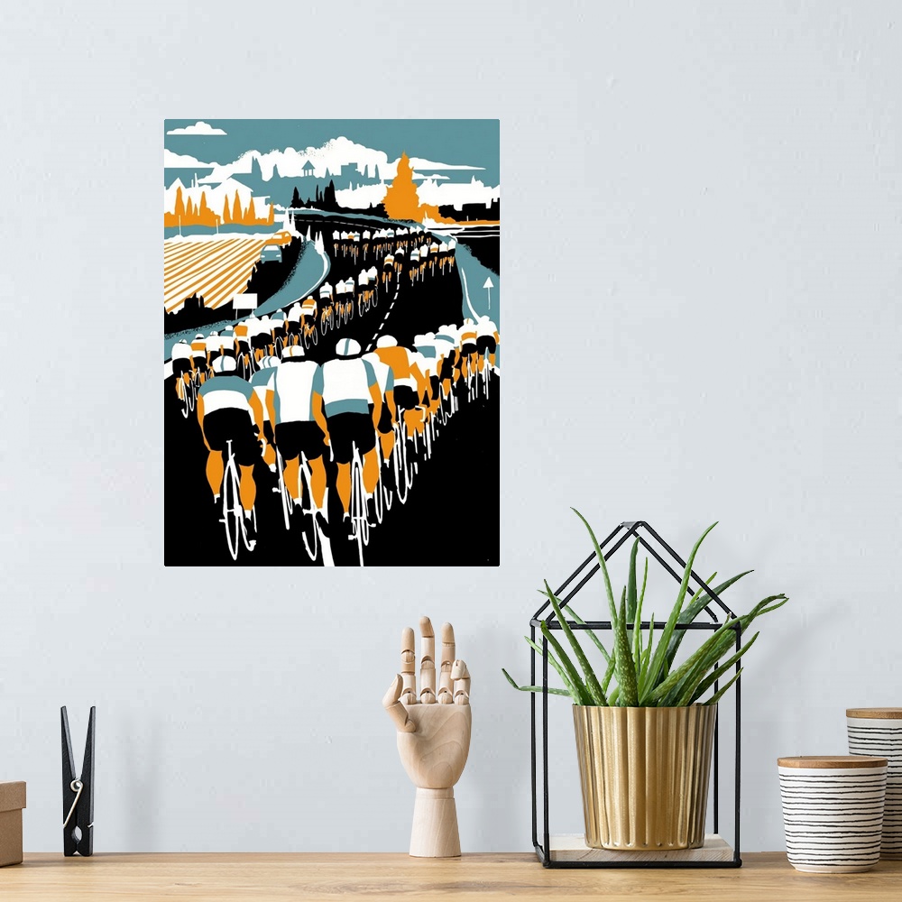A bohemian room featuring Contemporary illustration of a cycling race through a countryside.