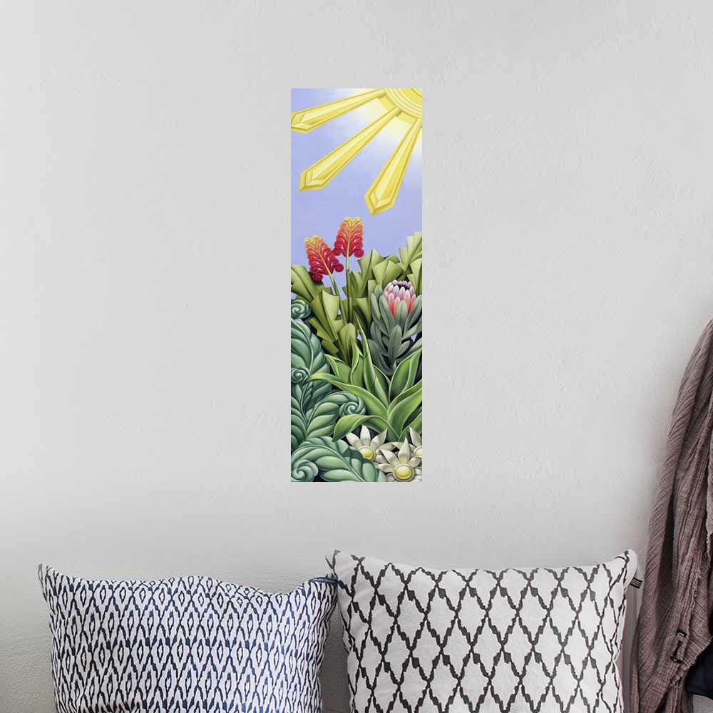 A bohemian room featuring Contemporary art deco-style painting of sunlight shining down on a garden.