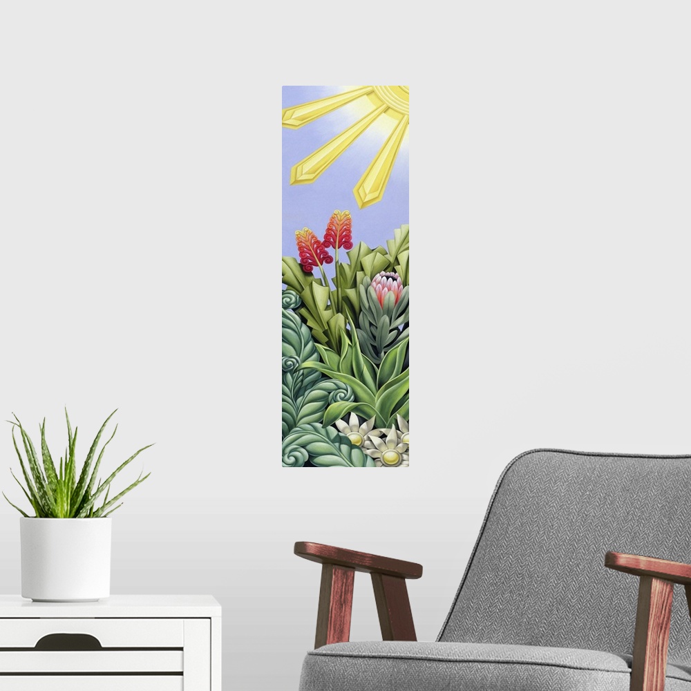 A modern room featuring Contemporary art deco-style painting of sunlight shining down on a garden.