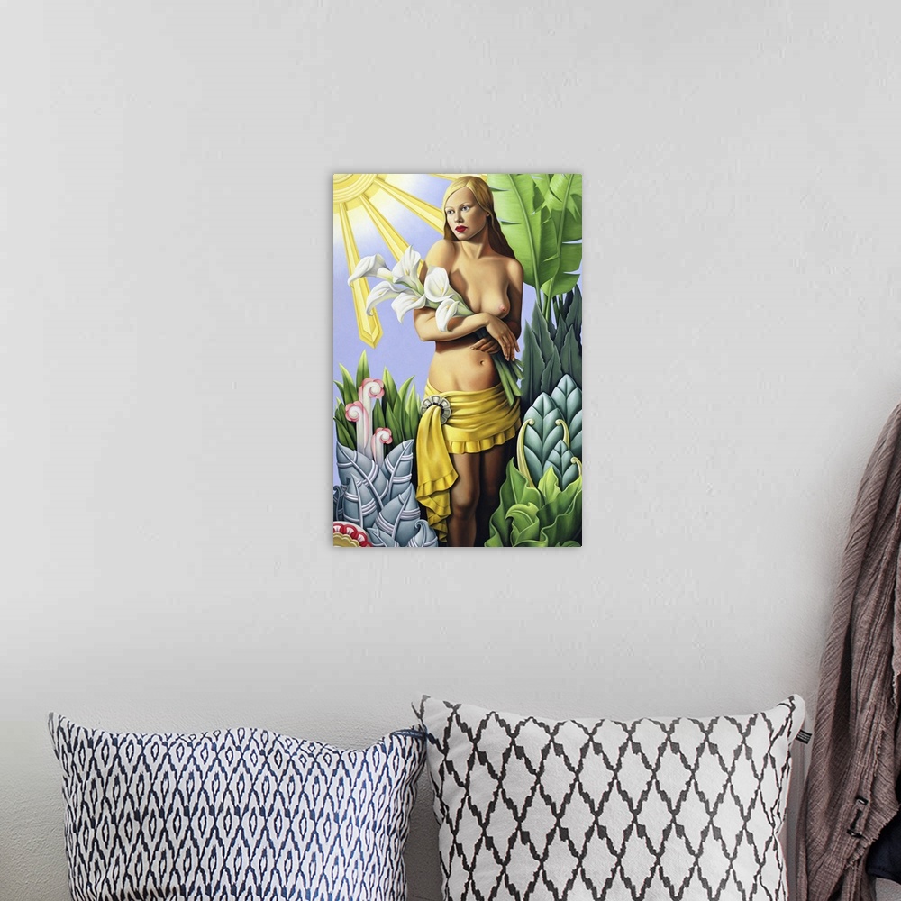 A bohemian room featuring Contemporary art deco-style painting of a woman holding lilies in a garden.