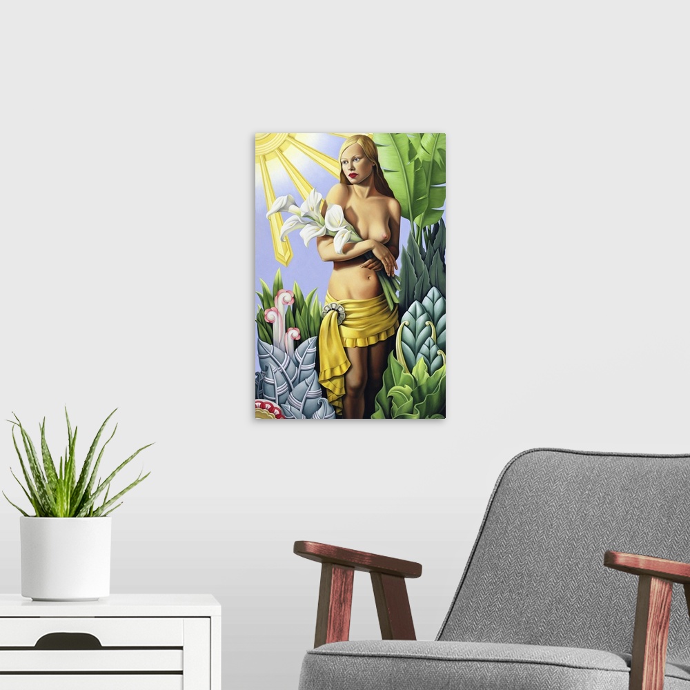 A modern room featuring Contemporary art deco-style painting of a woman holding lilies in a garden.