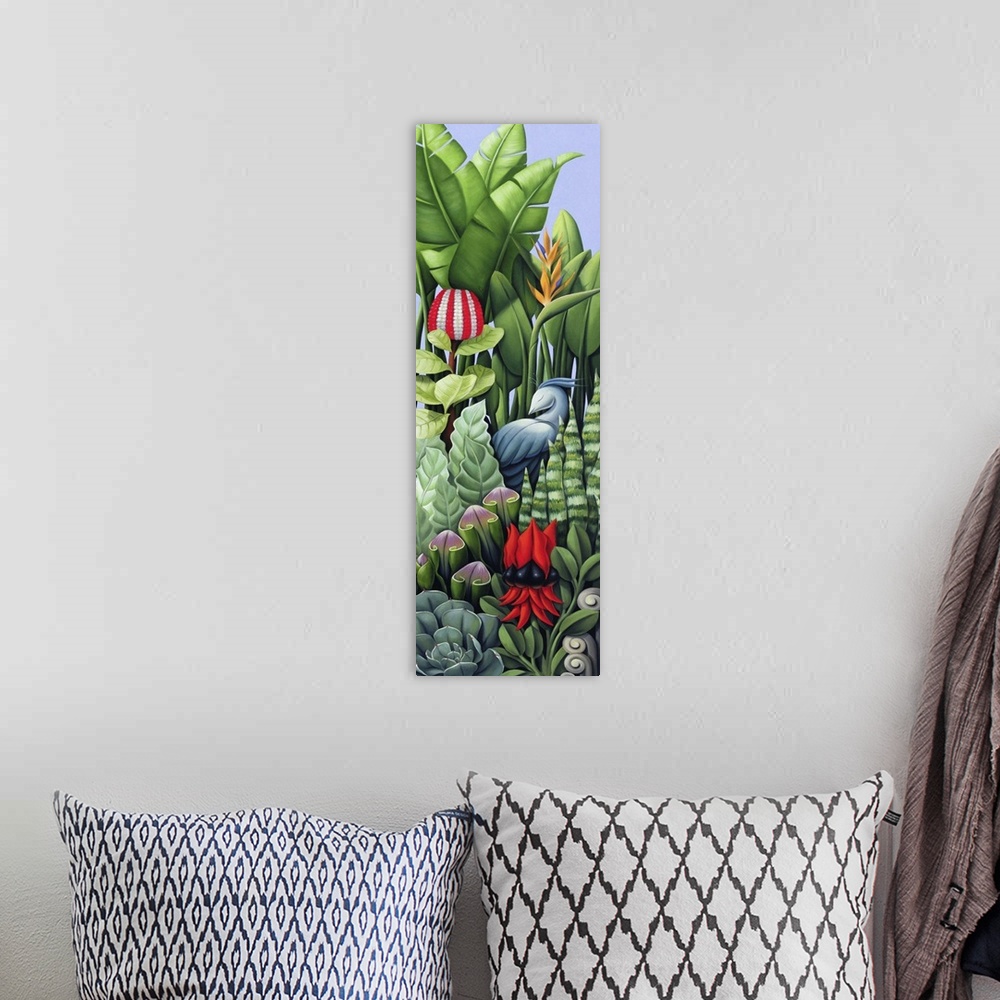 A bohemian room featuring Contemporary art deco-style painting of a garden of colorful flowers.