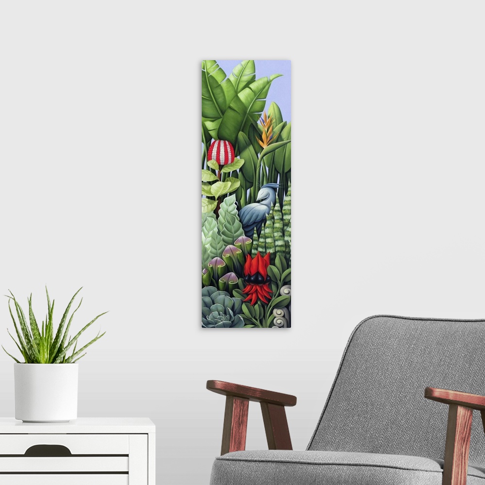 A modern room featuring Contemporary art deco-style painting of a garden of colorful flowers.