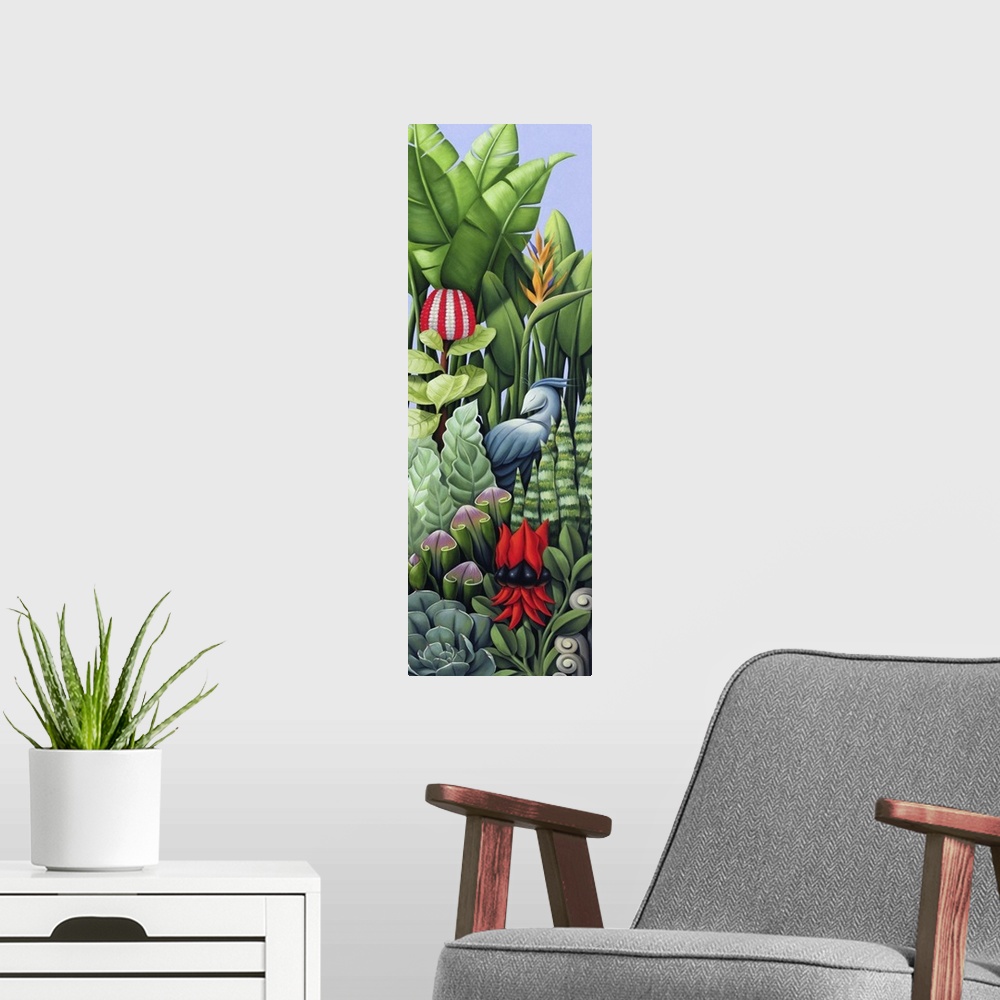 A modern room featuring Contemporary art deco-style painting of a garden of colorful flowers.