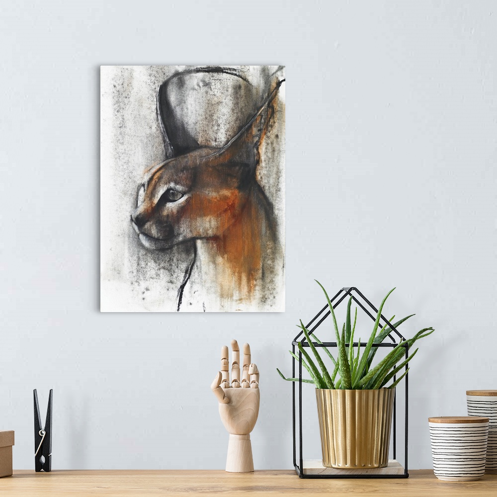 A bohemian room featuring Contemporary wildlife portrait of a wild Caracal.
