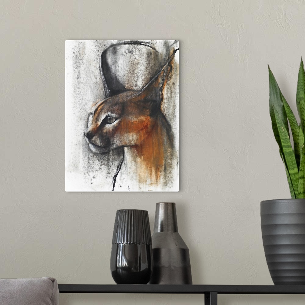 A modern room featuring Contemporary wildlife portrait of a wild Caracal.