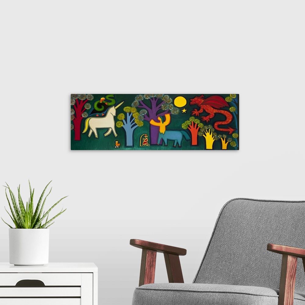 A modern room featuring Contemporary painting of a centaur in a magical garden with a dragon and unicorn.