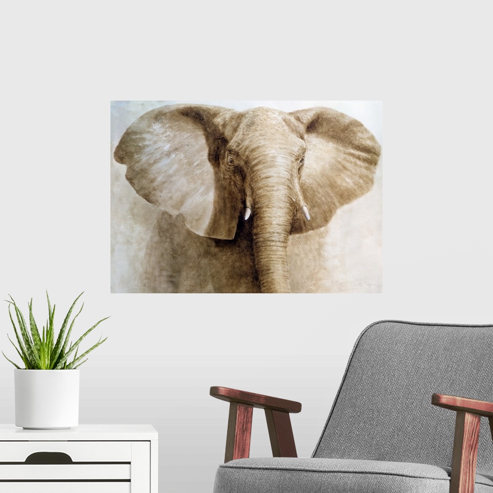 A modern room featuring Contemporary painting of animal with large ears and trunk with short ivory tusks.