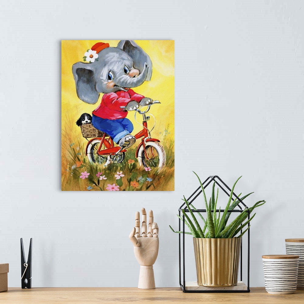 A bohemian room featuring Elephant on a bicycle.