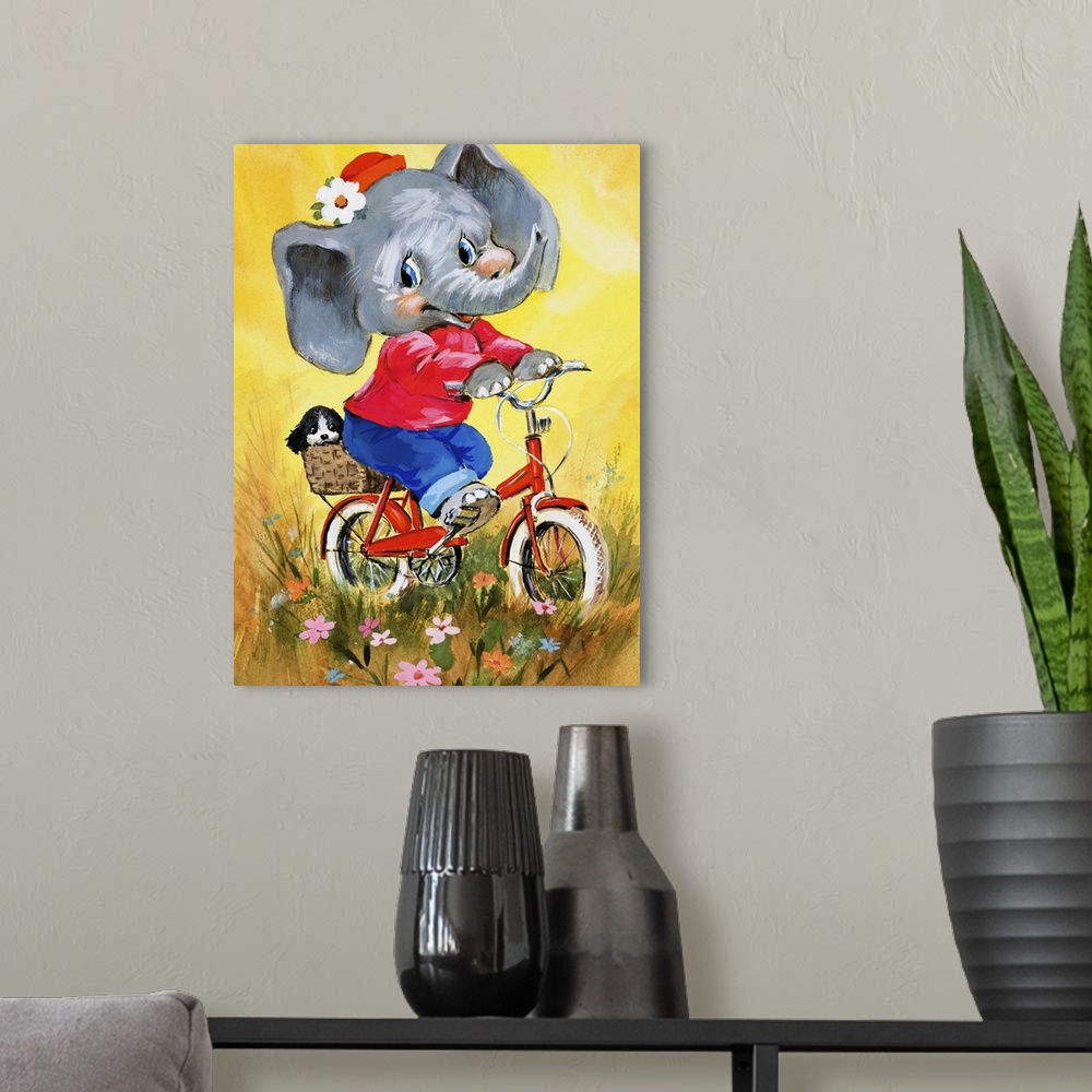 A modern room featuring Elephant on a bicycle.