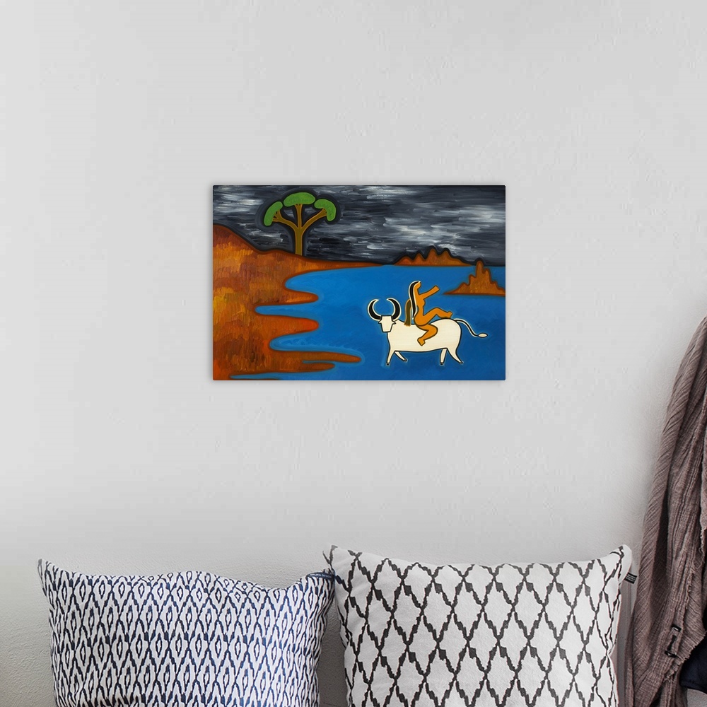 A bohemian room featuring Contemporary painting of a woman riding a bull in the ocean, the myth of Europa.