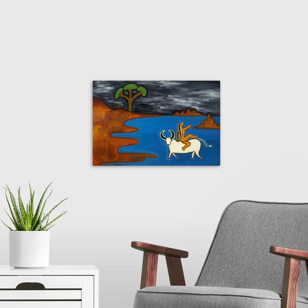 A modern room featuring Contemporary painting of a woman riding a bull in the ocean, the myth of Europa.