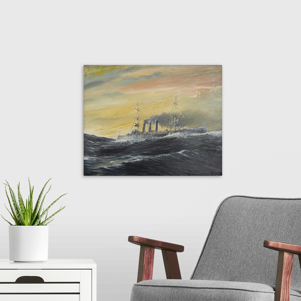 A modern room featuring Contemporary painting of a ship with smoke stacks billowing thick black smoke while ridding high ...