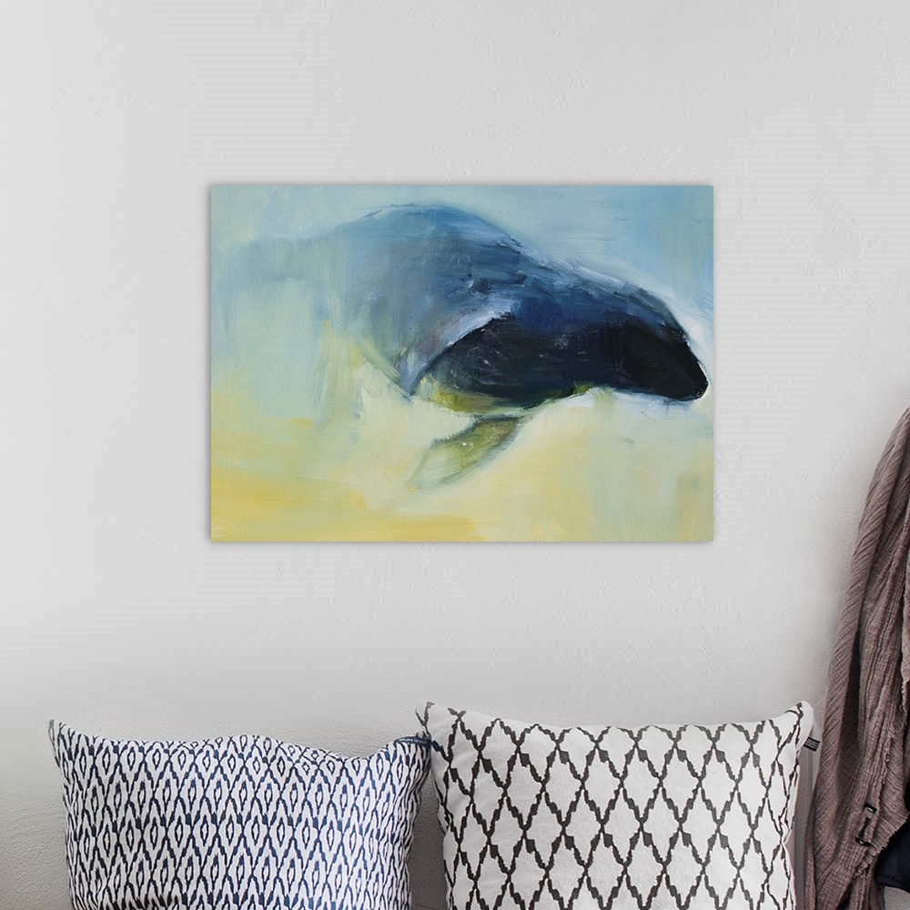 A bohemian room featuring Contemporary wildlife painting of a seal swimming underwater.