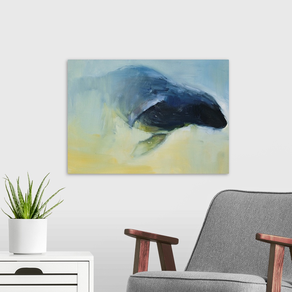 A modern room featuring Contemporary wildlife painting of a seal swimming underwater.