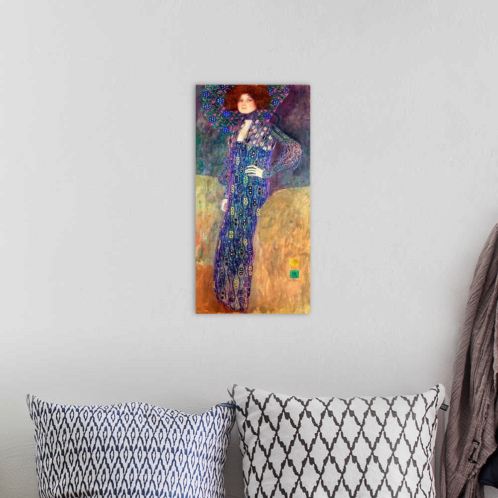A bohemian room featuring Panoramic classic art displays a woman wearing a dress composed of vibrant cool tones with accent...