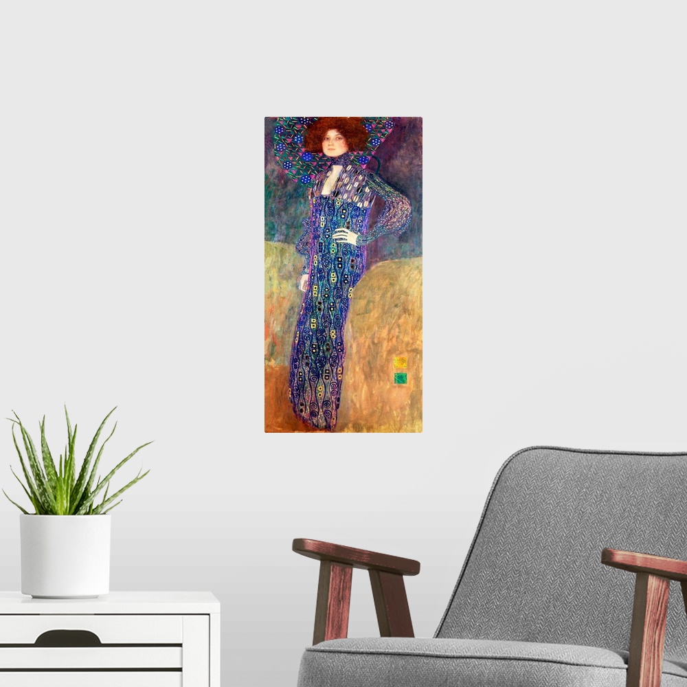 A modern room featuring Panoramic classic art displays a woman wearing a dress composed of vibrant cool tones with accent...
