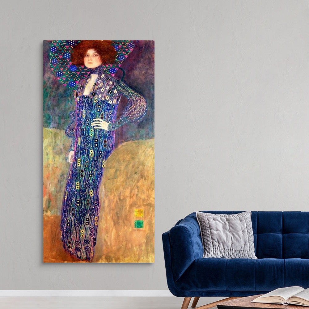 A modern room featuring Panoramic classic art displays a woman wearing a dress composed of vibrant cool tones with accent...