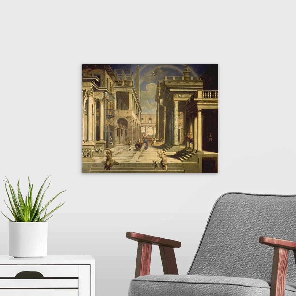 A modern room featuring BAL75817 Emperor Augustus and the Sibyl, 1535  by Bordone, Paris (1500-71); oil on canvas; 165x23...