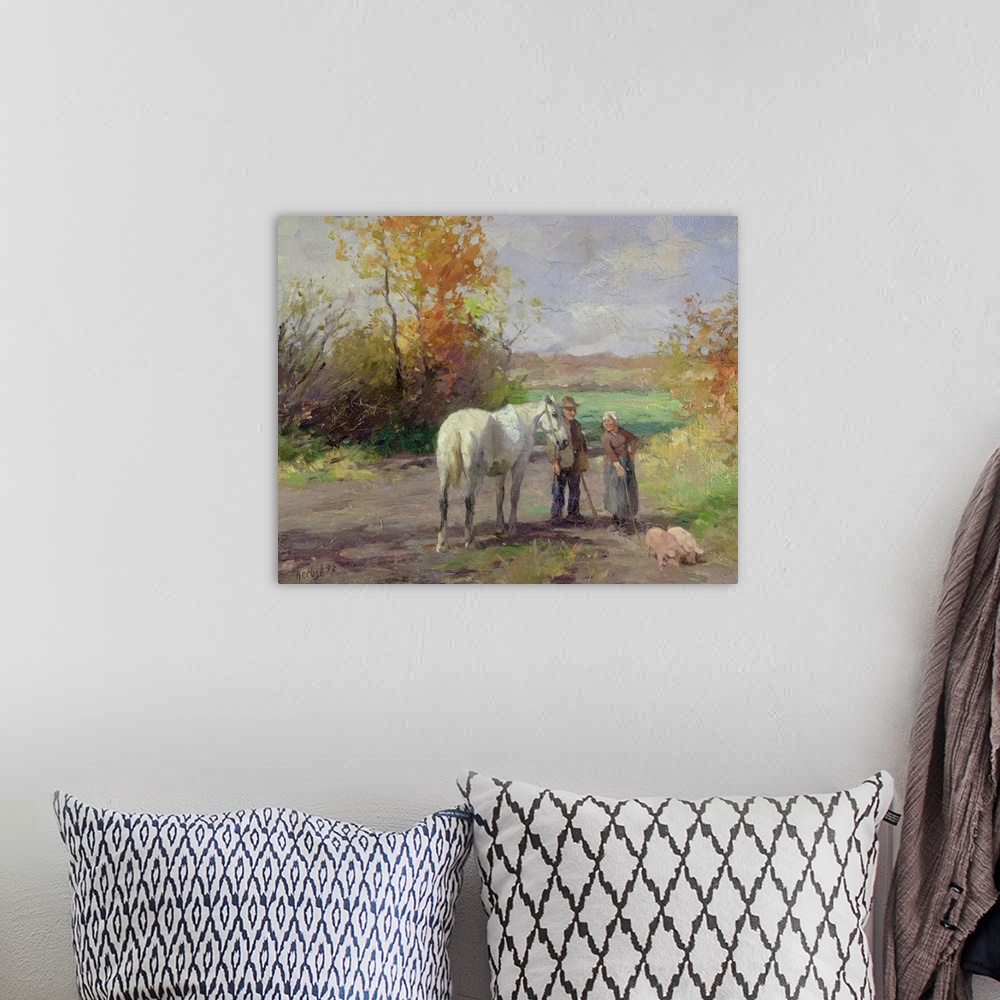 A bohemian room featuring Oil painting print of a man, woman and horse standing in a path looking at two pigs with trees an...