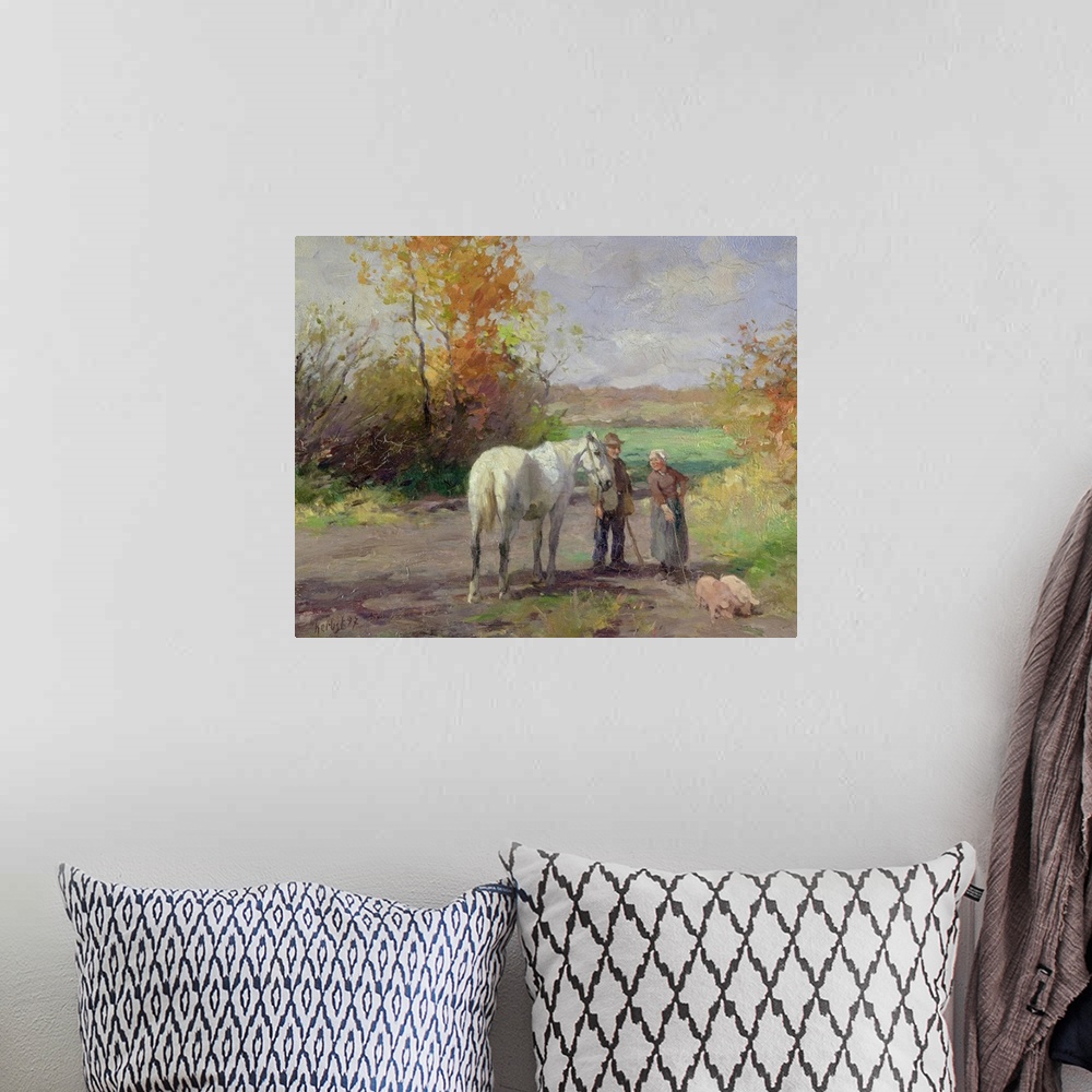 A bohemian room featuring Oil painting print of a man, woman and horse standing in a path looking at two pigs with trees an...