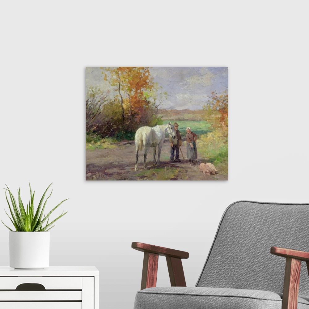 A modern room featuring Oil painting print of a man, woman and horse standing in a path looking at two pigs with trees an...