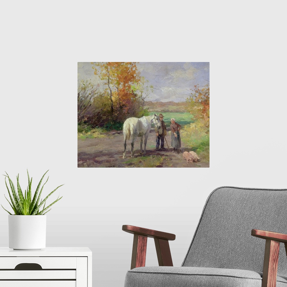 A modern room featuring Oil painting print of a man, woman and horse standing in a path looking at two pigs with trees an...