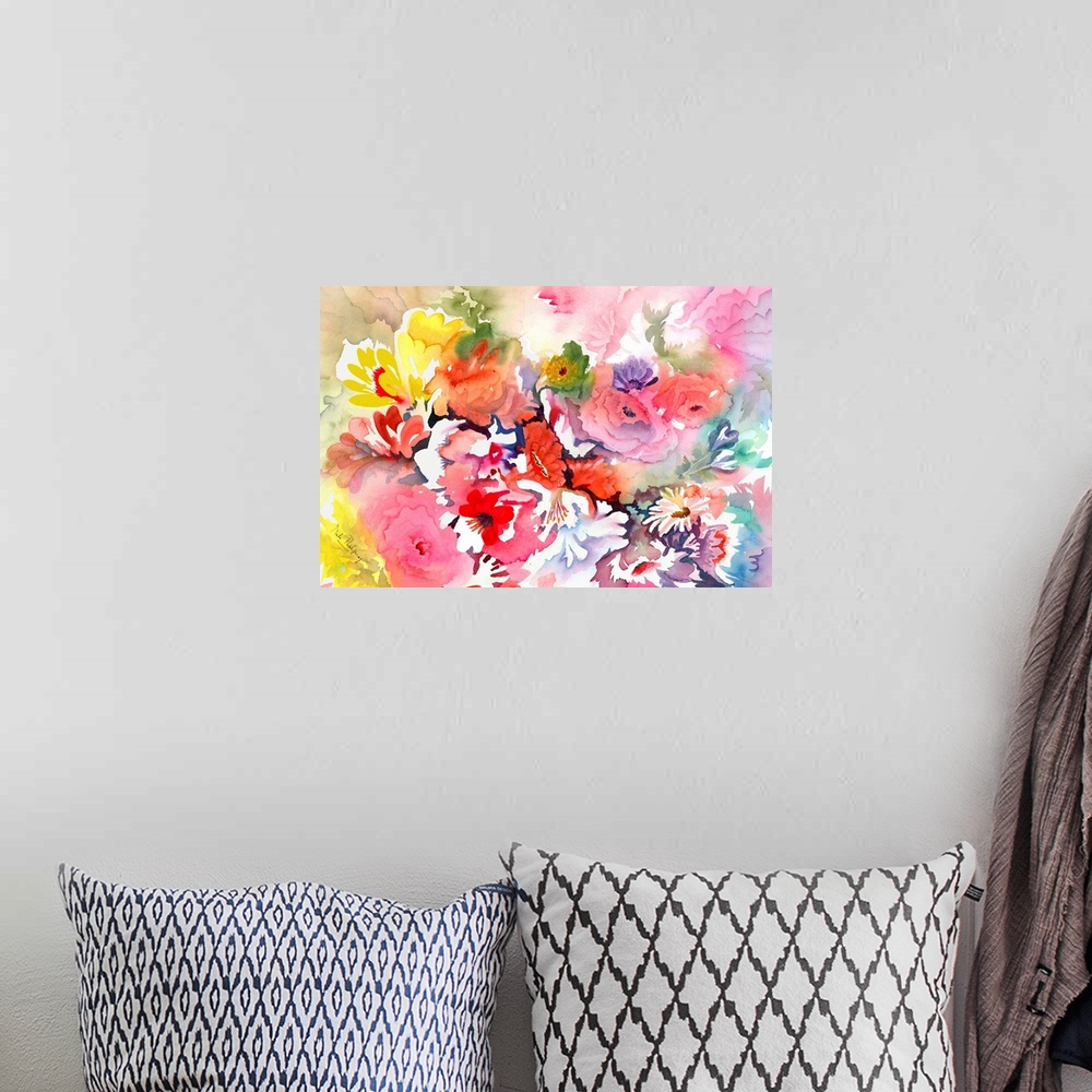 A bohemian room featuring Contemporary watercolor painting of a flowers.