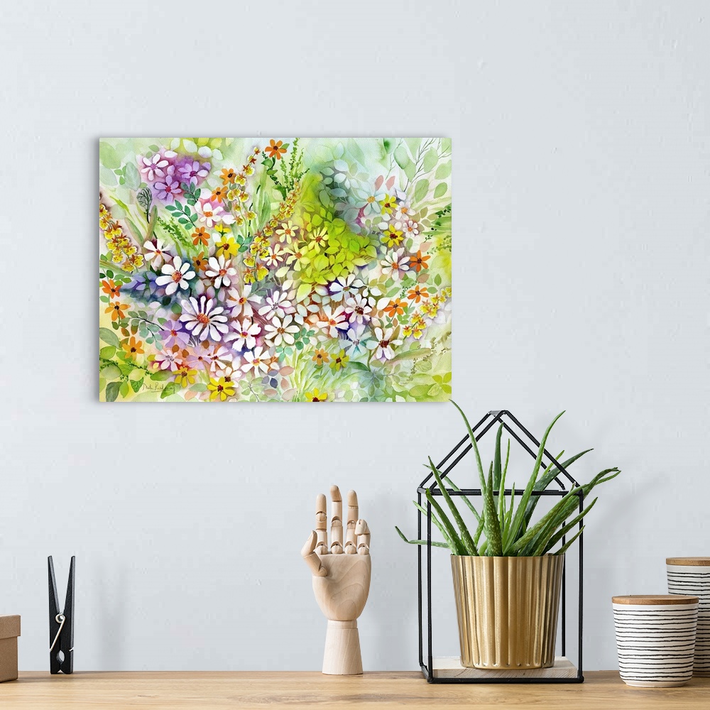 A bohemian room featuring Contemporary watercolor painting of white daisies and green leaves.