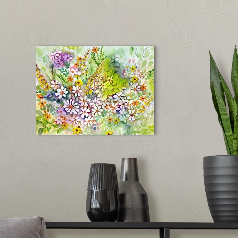 A modern room featuring Contemporary watercolor painting of white daisies and green leaves.