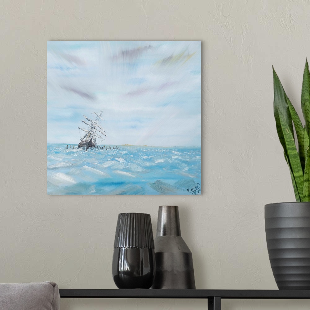 A modern room featuring Contemporary painting of a ship out to sea on crystal blue waters.