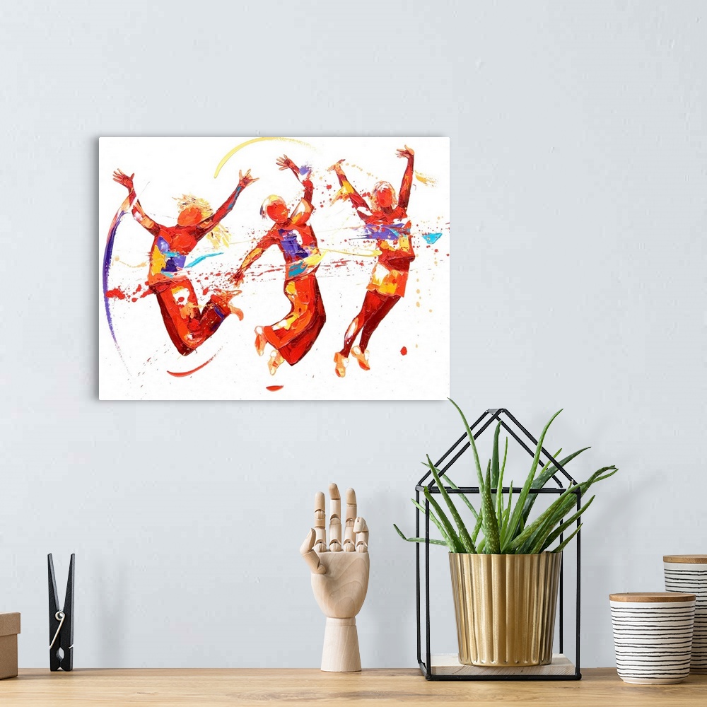 A bohemian room featuring Contemporary painting using deep warm tones to create three dancers leaping into the air against ...
