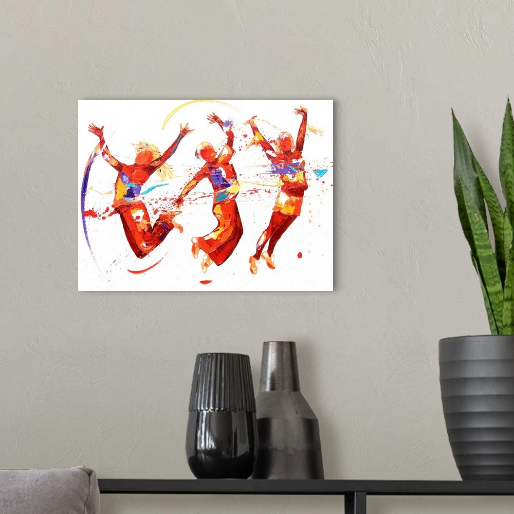 A modern room featuring Contemporary painting using deep warm tones to create three dancers leaping into the air against ...