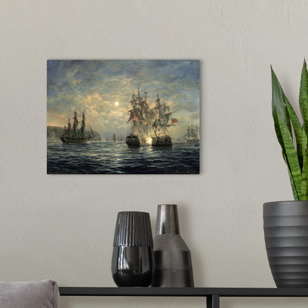 A modern room featuring Large wooden ships sail in the rough ocean water under a cloud filled sky with the sun poking thr...