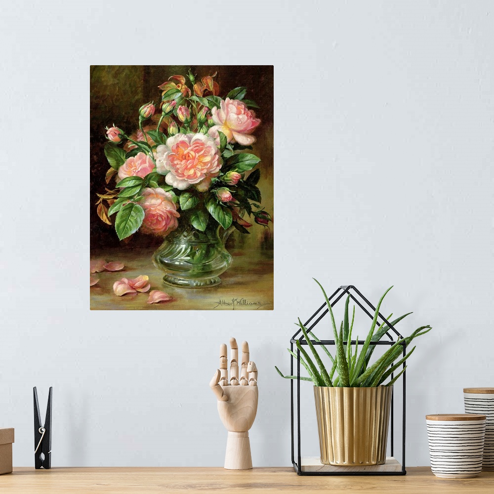 A bohemian room featuring A classic piece of artwork that has a bouquet of roses painted inside a glass vase. Several petal...