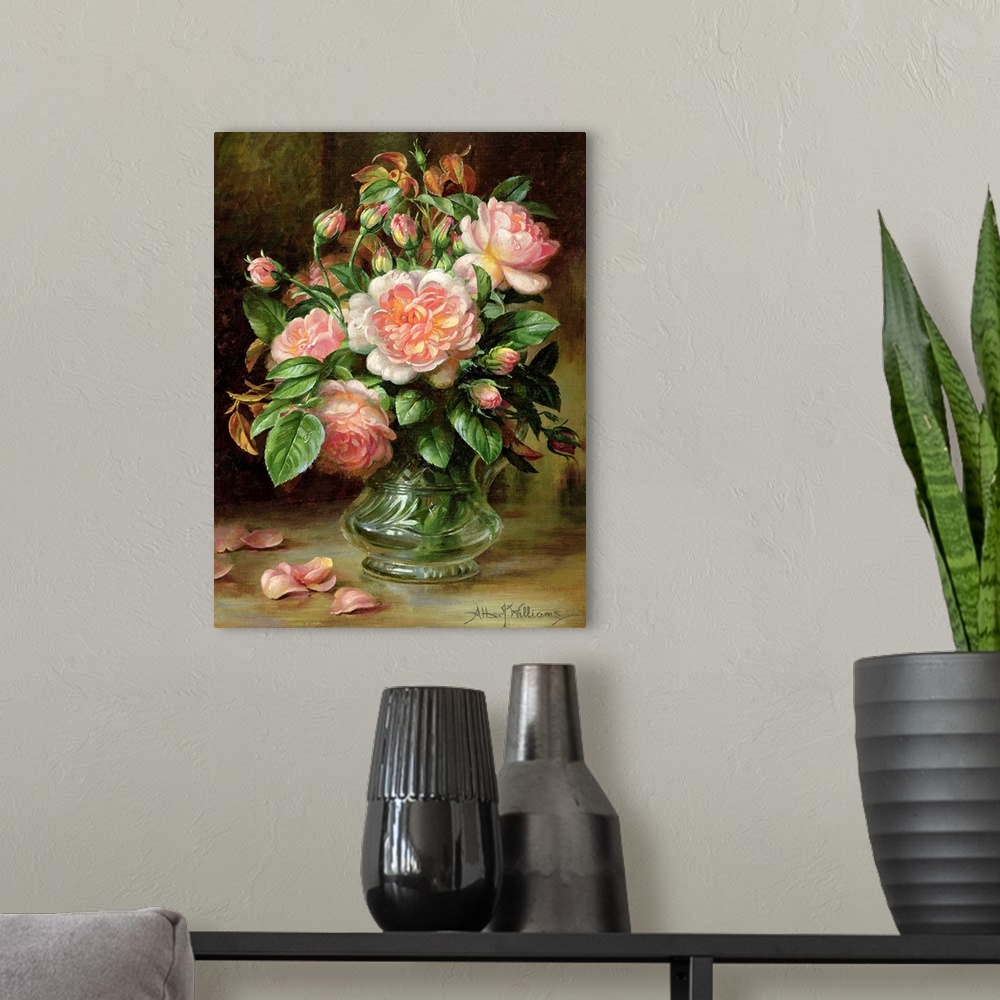A modern room featuring A classic piece of artwork that has a bouquet of roses painted inside a glass vase. Several petal...