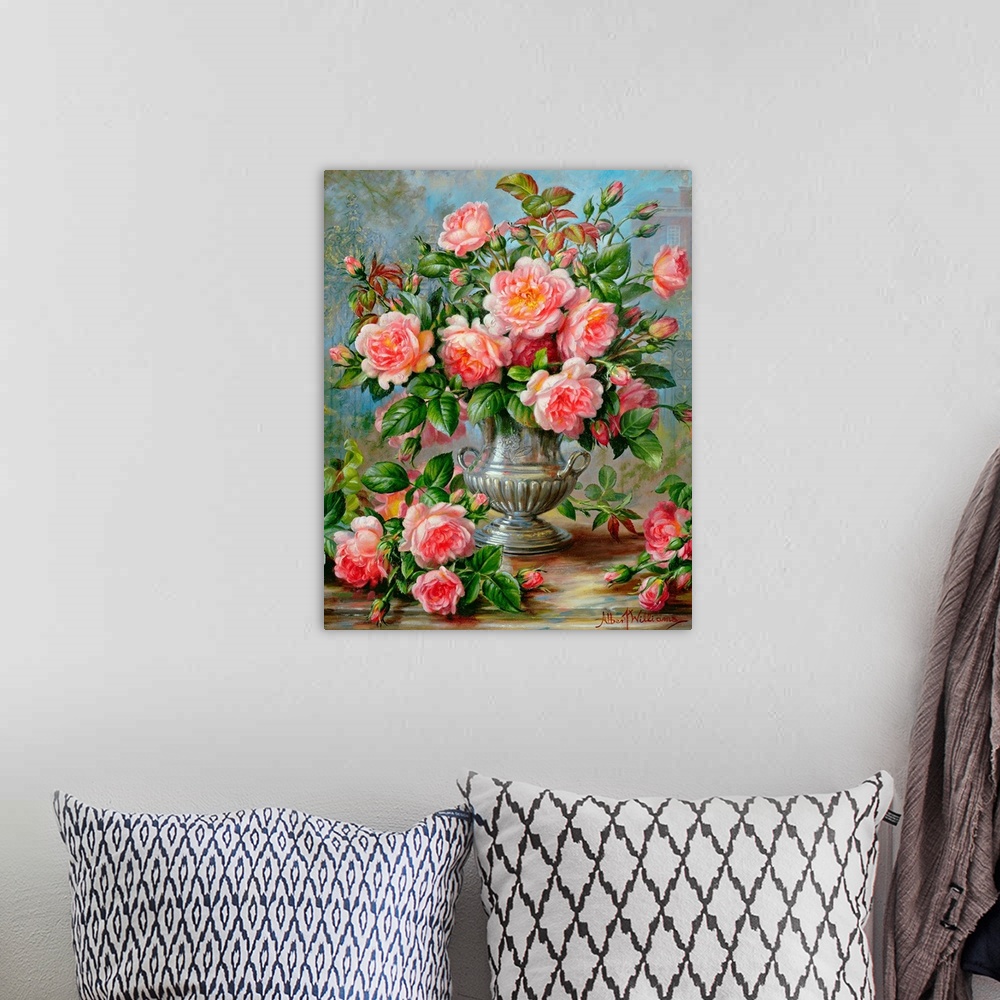 A bohemian room featuring A classic piece of artwork that shows pink roses pouring out of a silver antique vase with some f...
