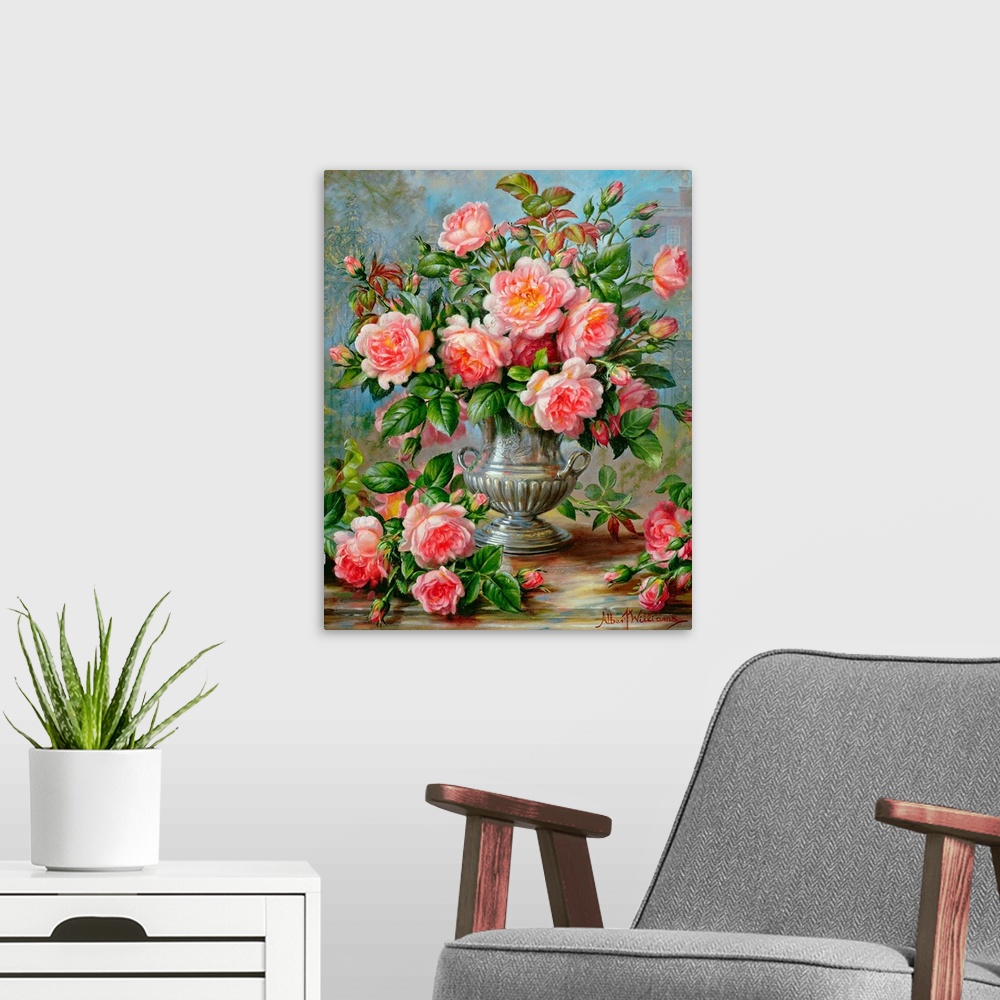 A modern room featuring A classic piece of artwork that shows pink roses pouring out of a silver antique vase with some f...
