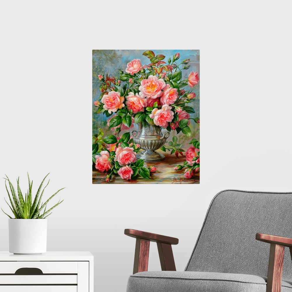 A modern room featuring A classic piece of artwork that shows pink roses pouring out of a silver antique vase with some f...
