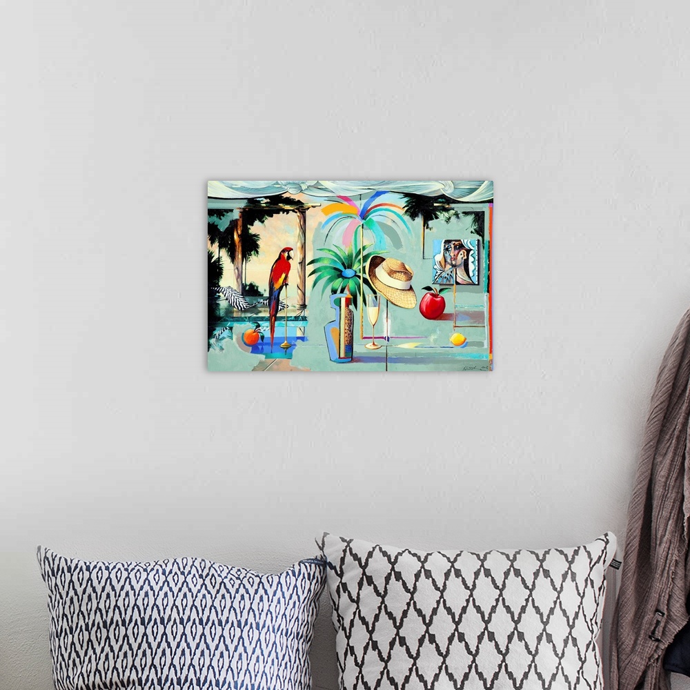 A bohemian room featuring Contemporary painting of the interior of a tropical island bungalow.